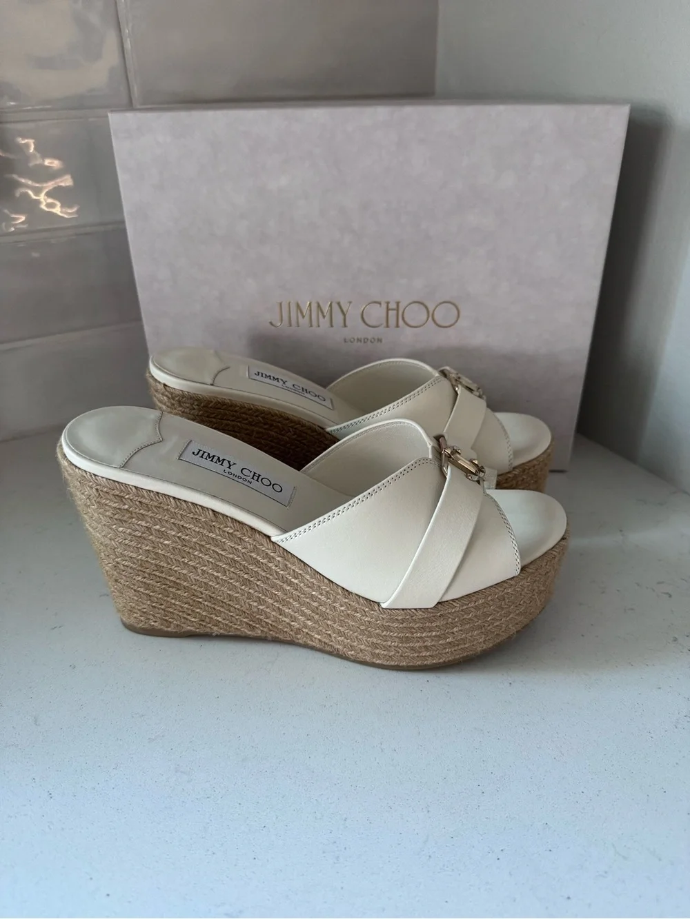 Jimmy Choo Leda Cream Leather Espadrille Wedge Sandals NIB
